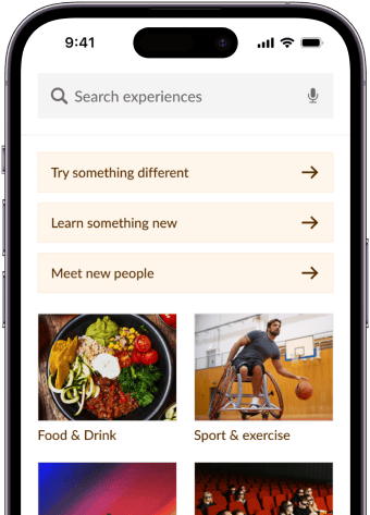 Mock up of iPhone showing Senso platform's search page for finding things to do